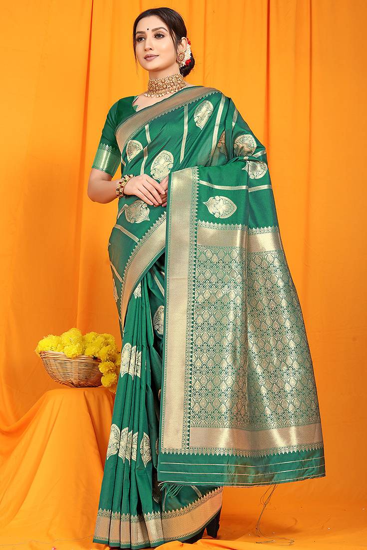 Green banarasi silk blend saree with rich zari border & buttas