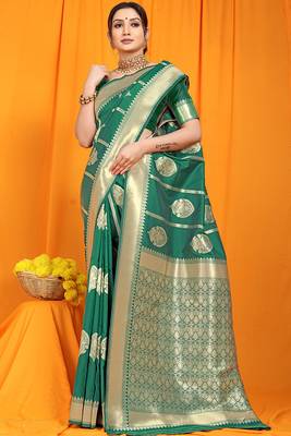 Green banarasi silk blend saree with rich zari border & buttas 2