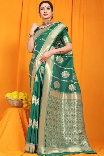 Green banarasi silk blend saree with rich zari border & buttas