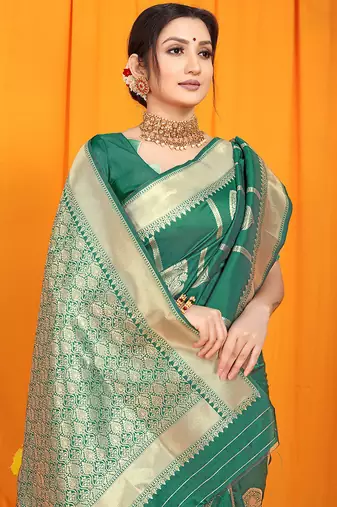 Green banarasi silk blend saree with rich zari border & buttas