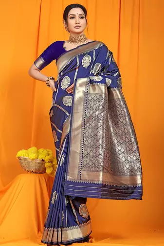 Navy blue banarasi silk blend saree with rich zari border & buttas
