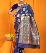 Navy blue banarasi silk blend saree with rich zari border & buttas