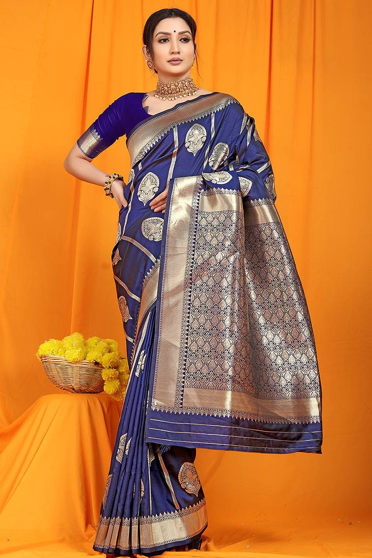 Navy blue banarasi silk blend saree with rich zari border & buttas