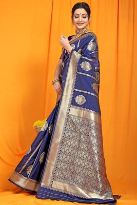 Navy blue banarasi silk blend saree with rich zari border & buttas 2