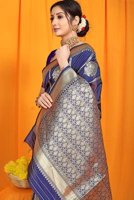 Navy blue banarasi silk blend saree with rich zari border & buttas 3
