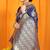 Navy blue banarasi silk blend saree with rich zari border & buttas