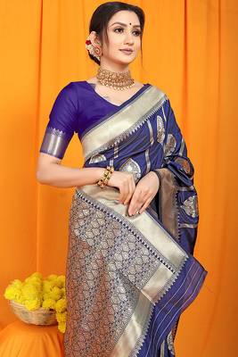 Navy blue banarasi silk blend saree with rich zari border & buttas 4