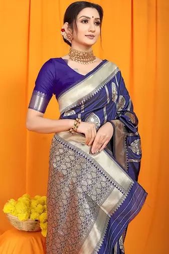 Navy blue banarasi silk blend saree with rich zari border & buttas