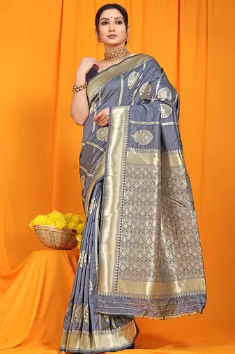 Grey banarasi silk blend saree with rich zari border & buttas