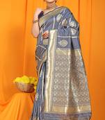 Grey banarasi silk blend saree with rich zari border & buttas