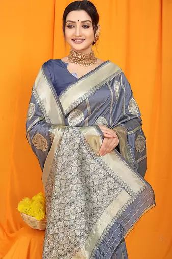 Grey banarasi silk blend saree with rich zari border & buttas