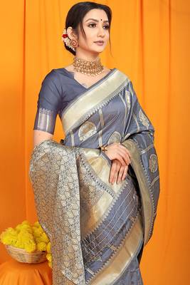 Grey banarasi silk blend saree with rich zari border & buttas 4