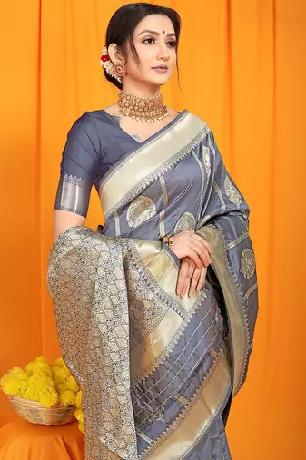 Grey banarasi silk blend saree with rich zari border & buttas