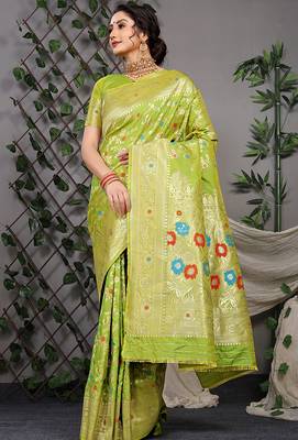 Lime green patola silk blend saree with multicolour floral zari weaving 1