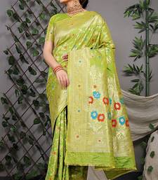 Lime green patola silk blend saree with multicolour floral zari weaving