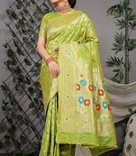Lime green patola silk blend saree with multicolour floral zari weaving