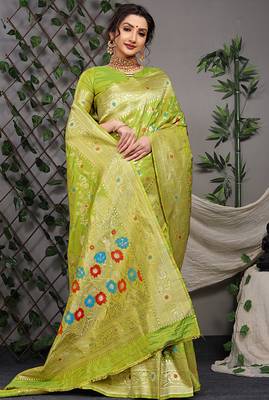 Lime green patola silk blend saree with multicolour floral zari weaving 2