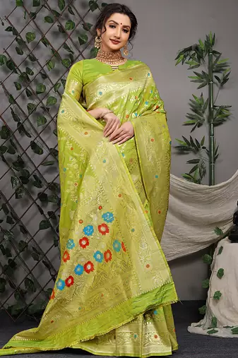 Lime green patola silk blend saree with multicolour floral zari weaving