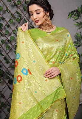 Lime green patola silk blend saree with multicolour floral zari weaving 3