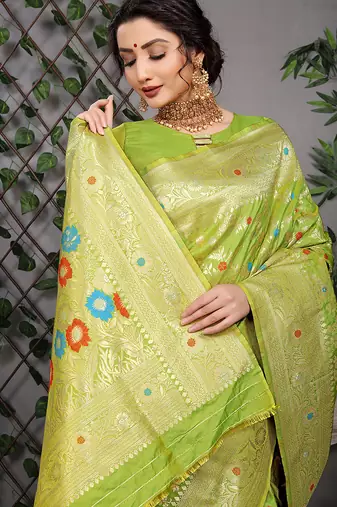 Lime green patola silk blend saree with multicolour floral zari weaving