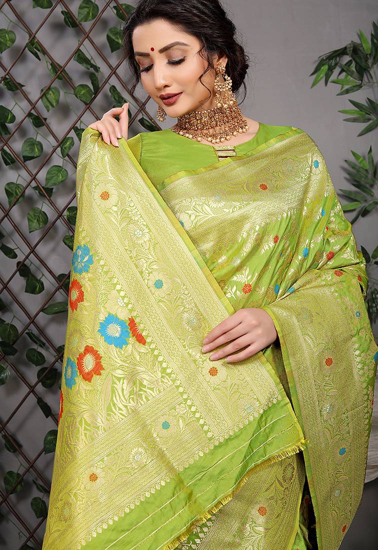 Lime green patola silk blend saree with multicolour floral zari weaving