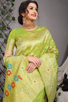 Lime green patola silk blend saree with multicolour floral zari weaving 4