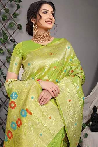 Lime green patola silk blend saree with multicolour floral zari weaving