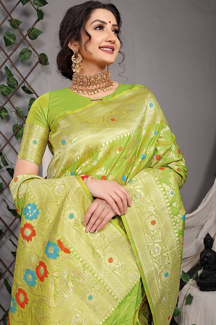 Lime green patola silk blend saree with multicolour floral zari weaving
