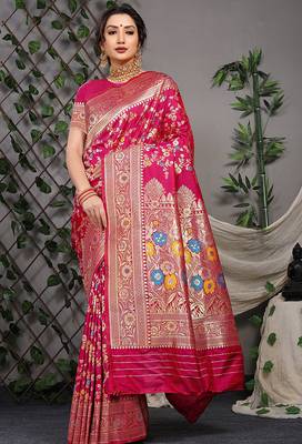 Rani pink patola silk blend saree with multicolour floral zari weaving 1