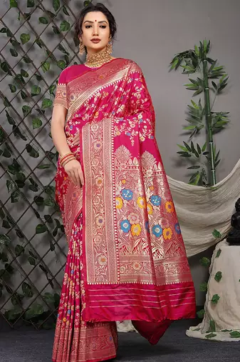 Rani pink patola silk blend saree with multicolour floral zari weaving