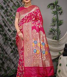 Rani pink patola silk blend saree with multicolour floral zari weaving