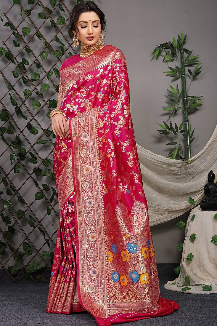 Rani pink patola silk blend saree with multicolour floral zari weaving