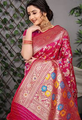 Rani pink patola silk blend saree with multicolour floral zari weaving 3