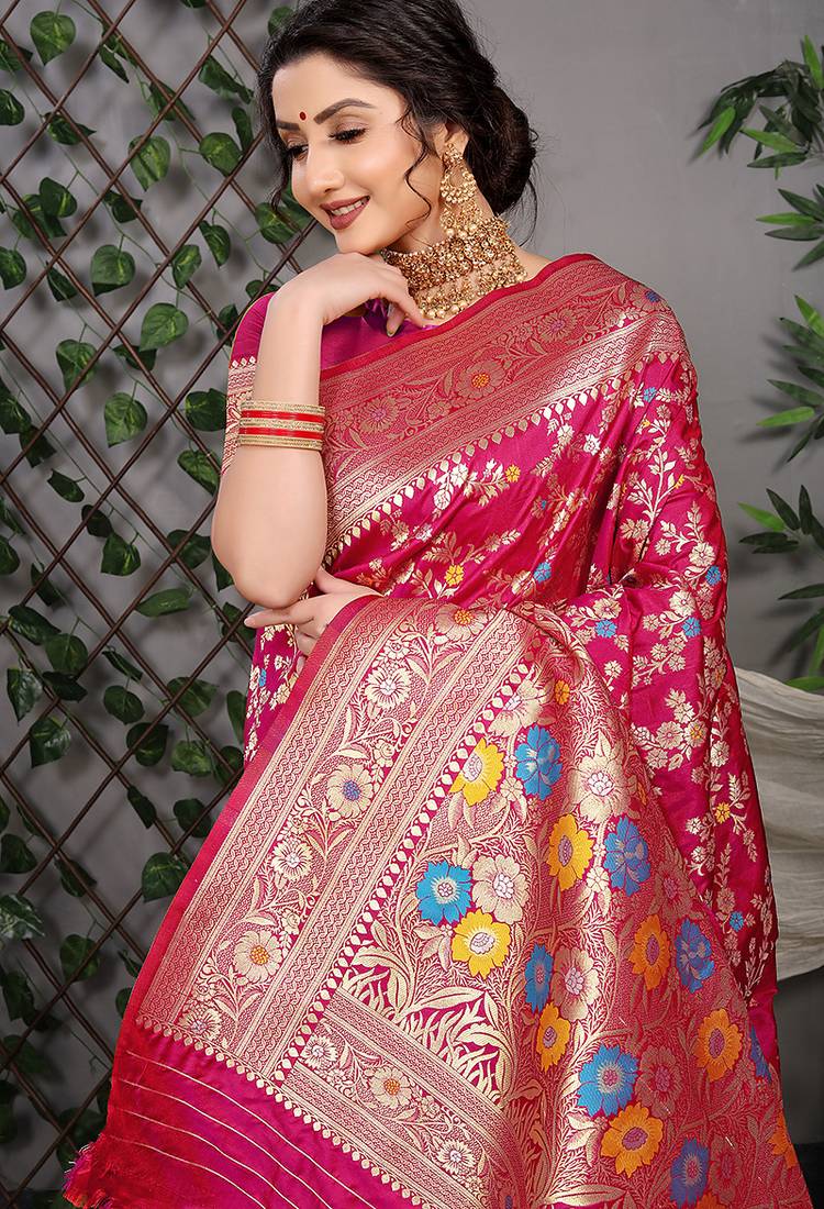 Rani pink patola silk blend saree with multicolour floral zari weaving