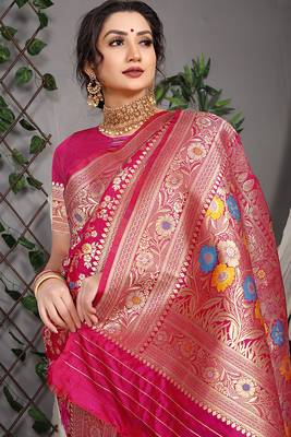 Rani pink patola silk blend saree with multicolour floral zari weaving 4