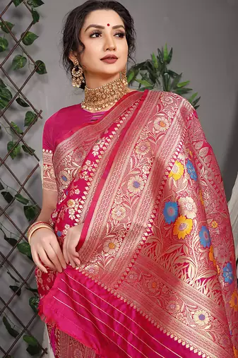 Rani pink patola silk blend saree with multicolour floral zari weaving