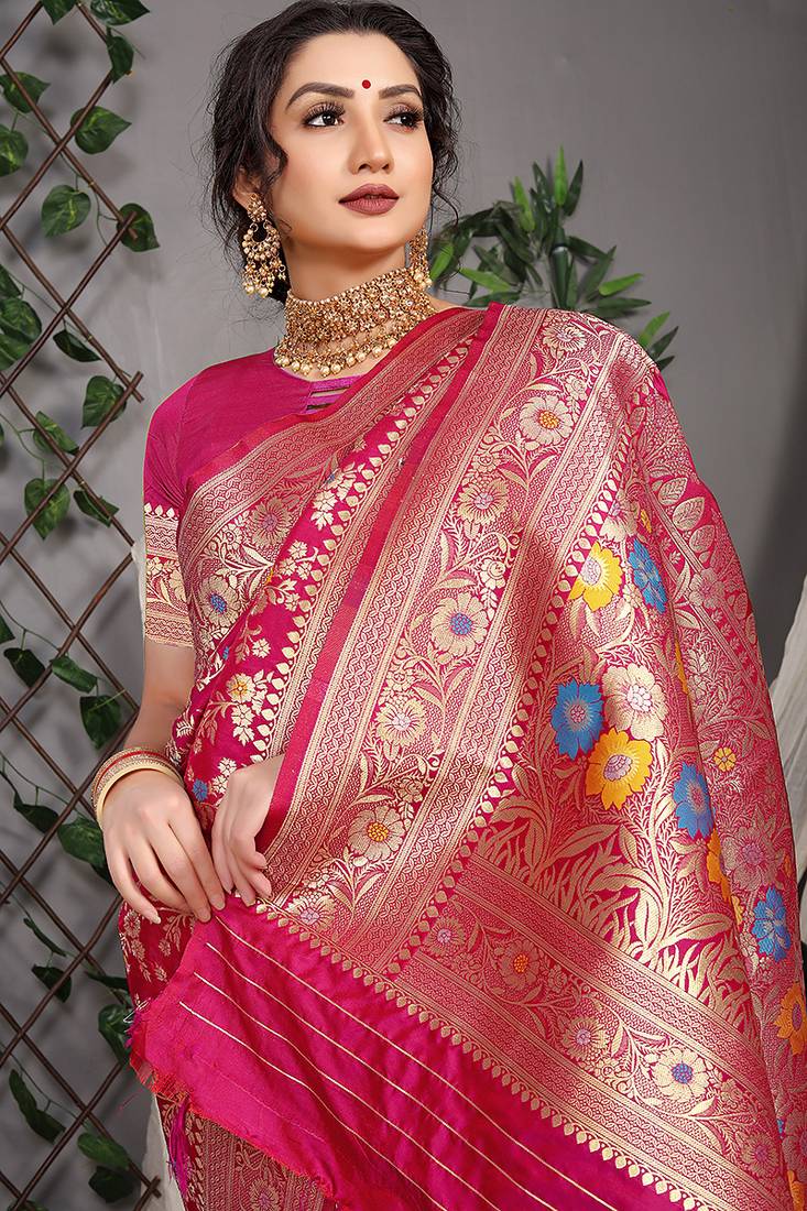 Rani pink patola silk blend saree with multicolour floral zari weaving