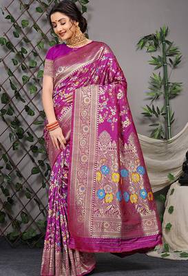 Purple patola silk blend saree with multicolour floral zari weaving 1