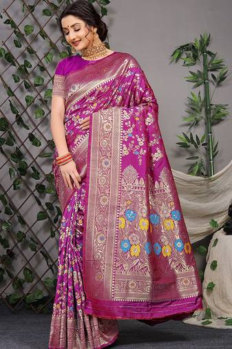 Purple patola silk blend saree with multicolour floral zari weaving