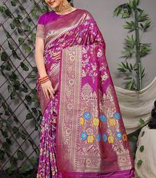 Purple patola silk blend saree with multicolour floral zari weaving