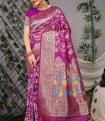 Purple patola silk blend saree with multicolour floral zari weaving