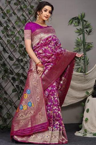 Purple patola silk blend saree with multicolour floral zari weaving