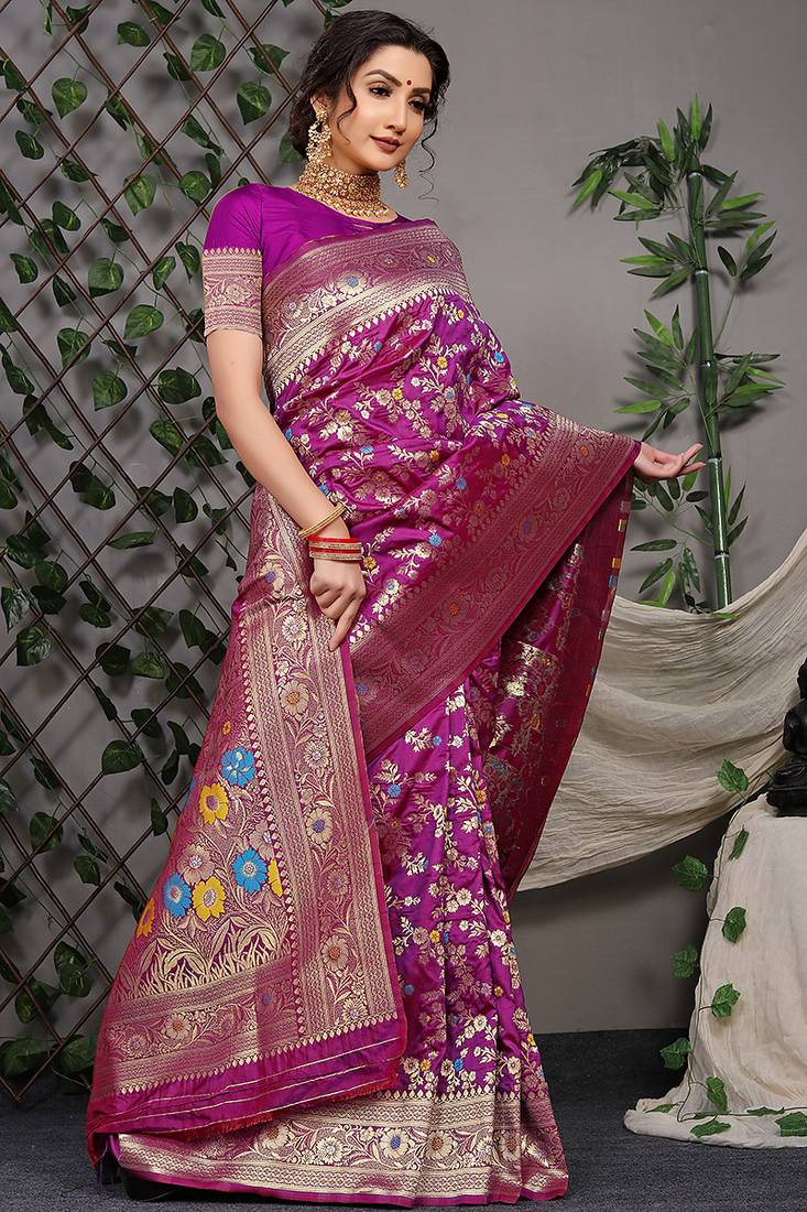 Purple patola silk blend saree with multicolour floral zari weaving