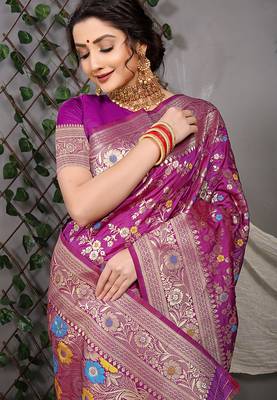 Purple patola silk blend saree with multicolour floral zari weaving 3