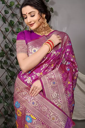 Purple patola silk blend saree with multicolour floral zari weaving