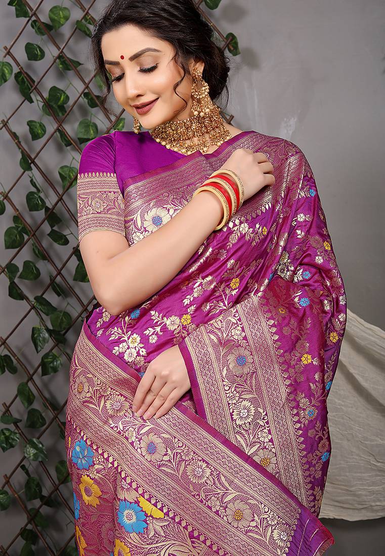 Purple patola silk blend saree with multicolour floral zari weaving