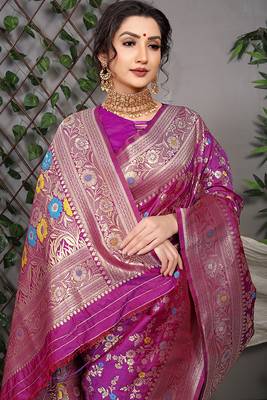 Purple patola silk blend saree with multicolour floral zari weaving 4