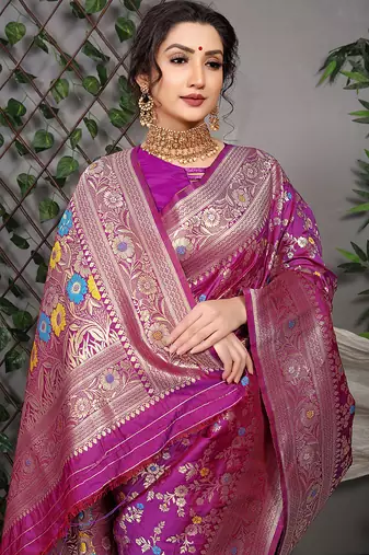 Purple patola silk blend saree with multicolour floral zari weaving