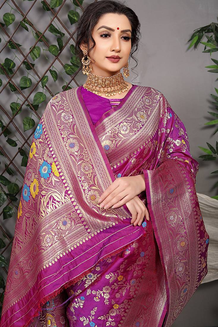 Purple patola silk blend saree with multicolour floral zari weaving