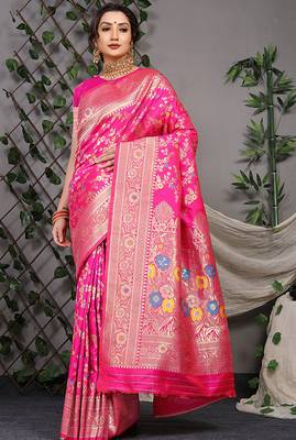 Rani pink patola silk blend saree with multicolour floral zari weaving 1
